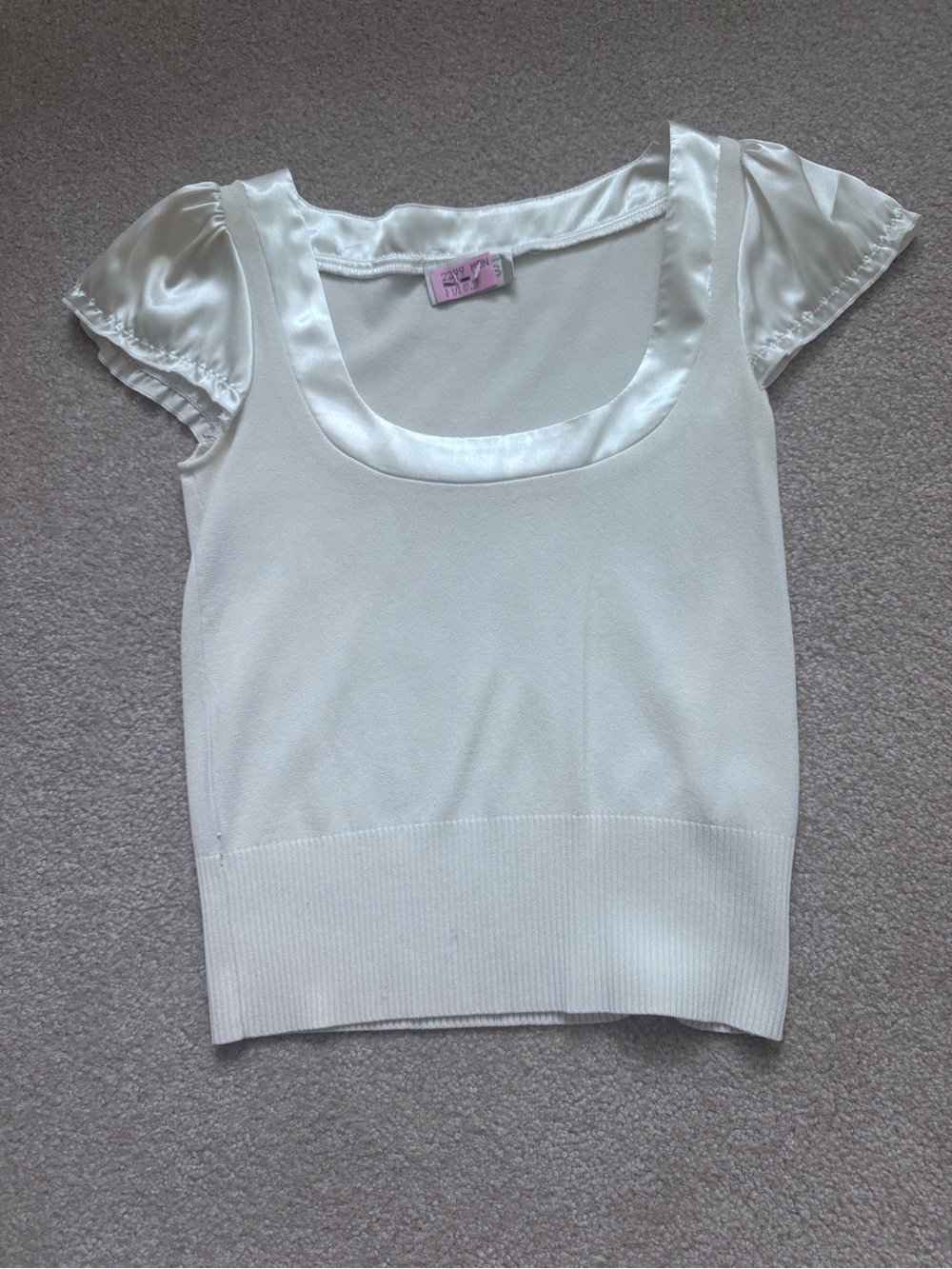 White Satin-Trim Short Sleeve Top